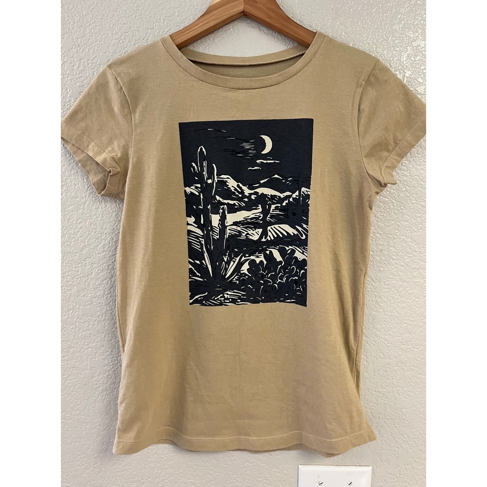 Gef France Women Tan Desert Night Graphic T-Shirt Small Cotton Short Sleeve